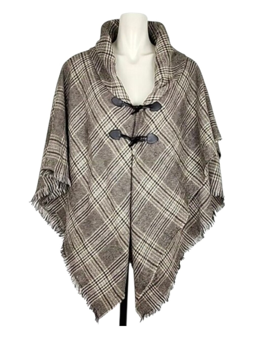 Modena Women's Brown Plaid Fringed Toggle Poncho Cape OS
